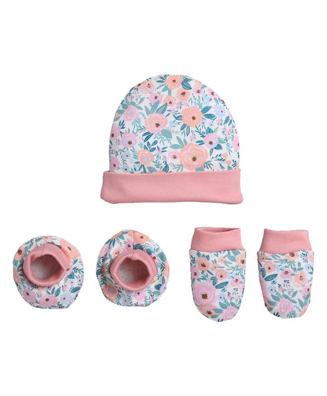 BUMZEE Girls Cotton Cap Mitten Bootie Beige & Peach - 0-3 Months (Peb11064-bge)