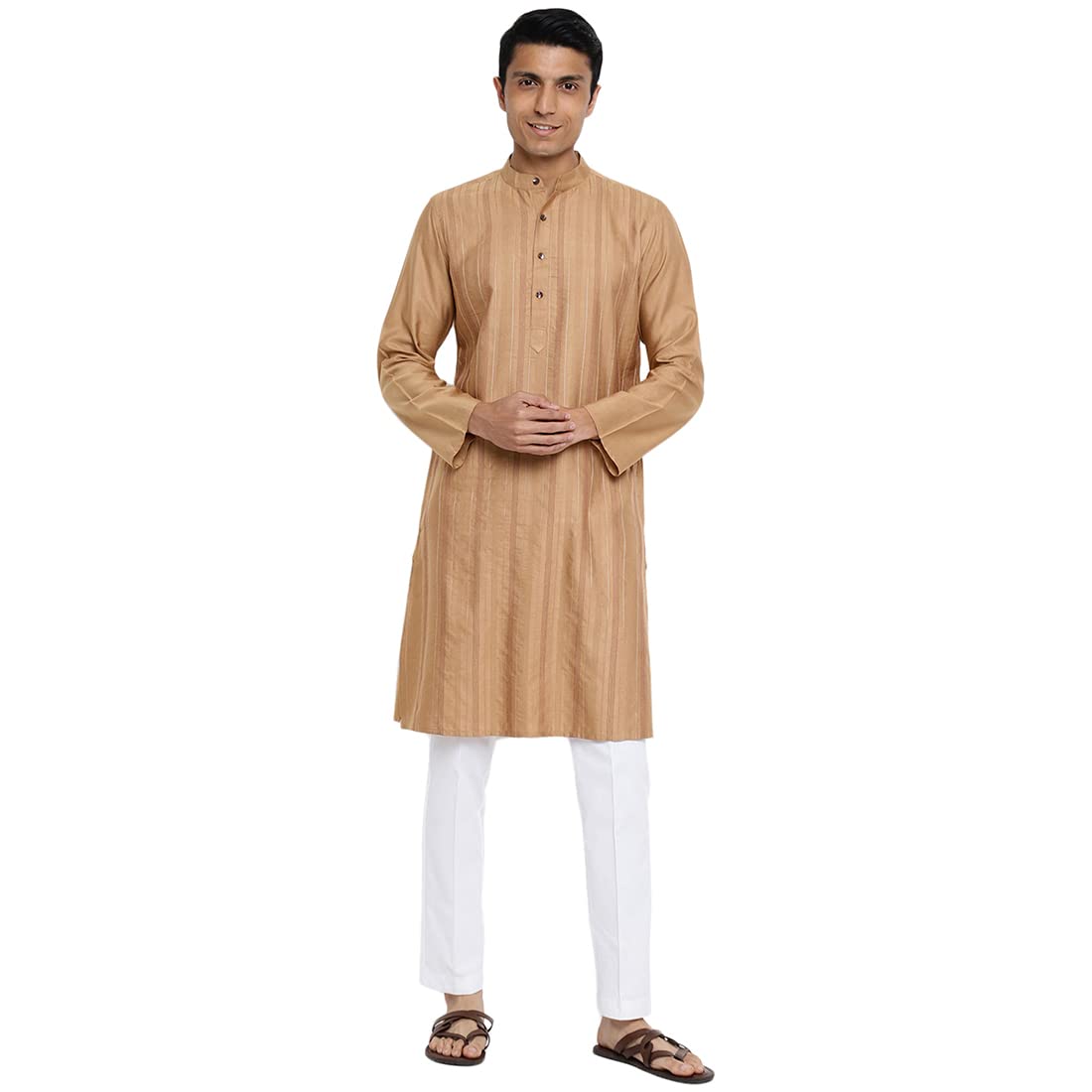 Fabindia Men Viscose Silk Chinese Collar Long Kurta Gold_S