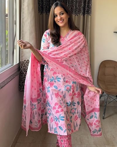 ANNI DESIGNER Womens Rayon Blend Straight Printed Kurta with Pant & Dupatta (Kumud Pink_S_Pink_Small)