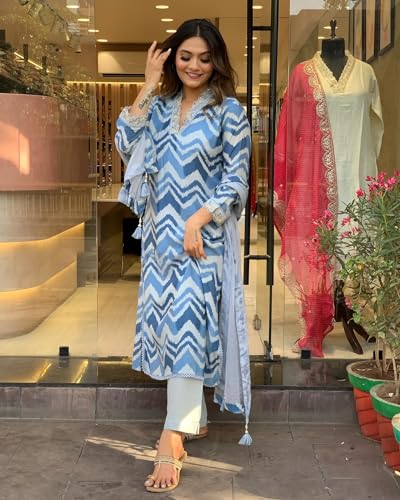 ANNI DESIGNER Womens Cotton Blend Straight Printed Kurta with Pant & Dupatta (Aroor Blue_S_Blue_Small)