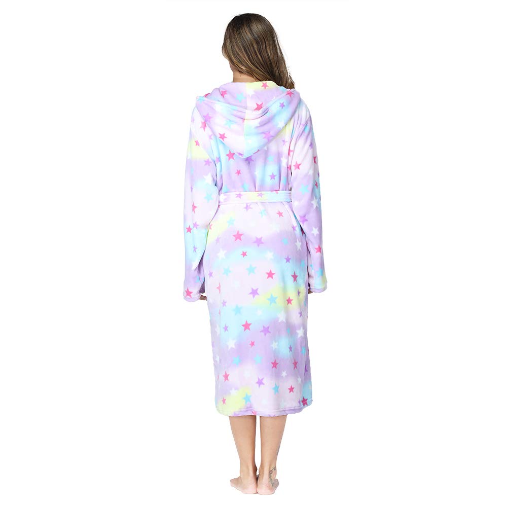 RONGTAI Womens Robes Plush Fleece Print Star Hooded Bathrobe Thick Nightgown with Pockets Fluffy Sleepwear XX-Large