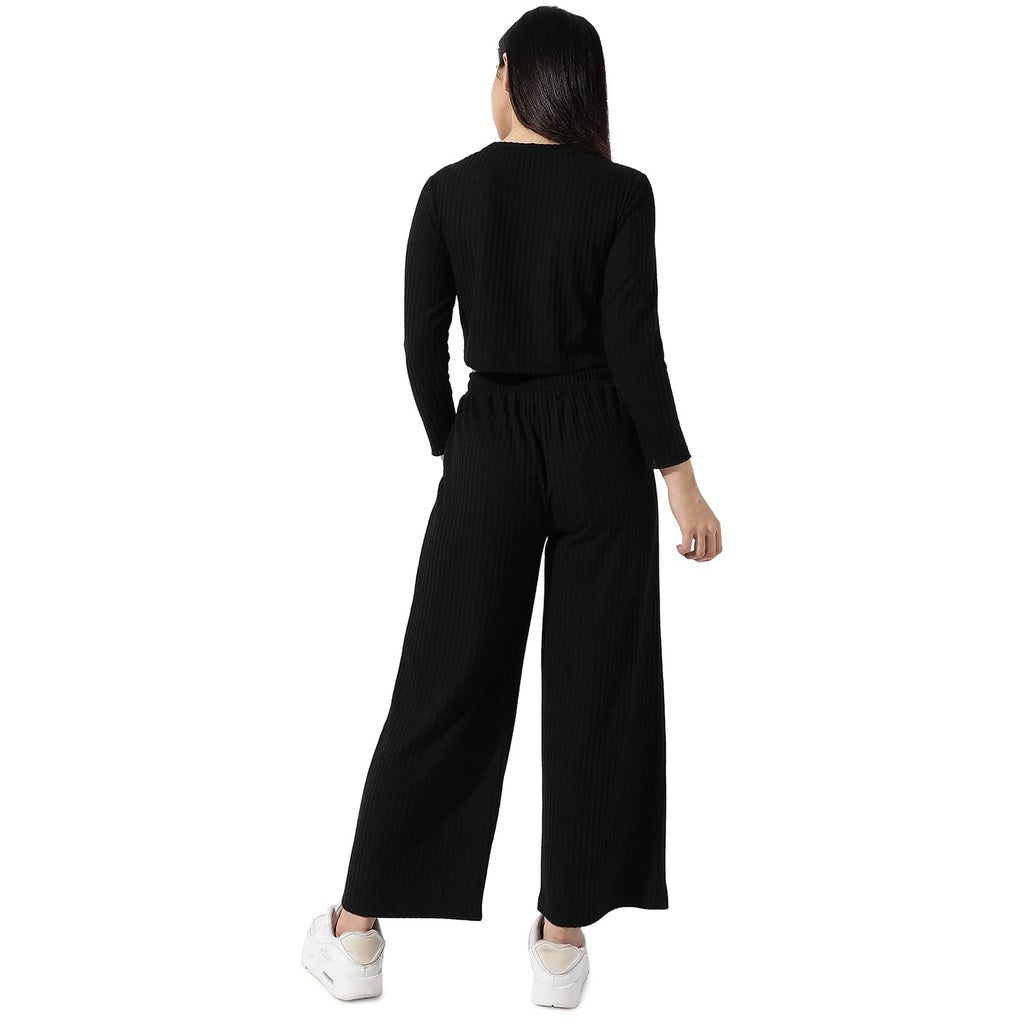 Campus Sutra Women'S Solid Black Ribbed Co-Ord Set For Casual Wear | Long Sleeves | Poly Cotton Lycra Fabric | Crew Neck Clothin