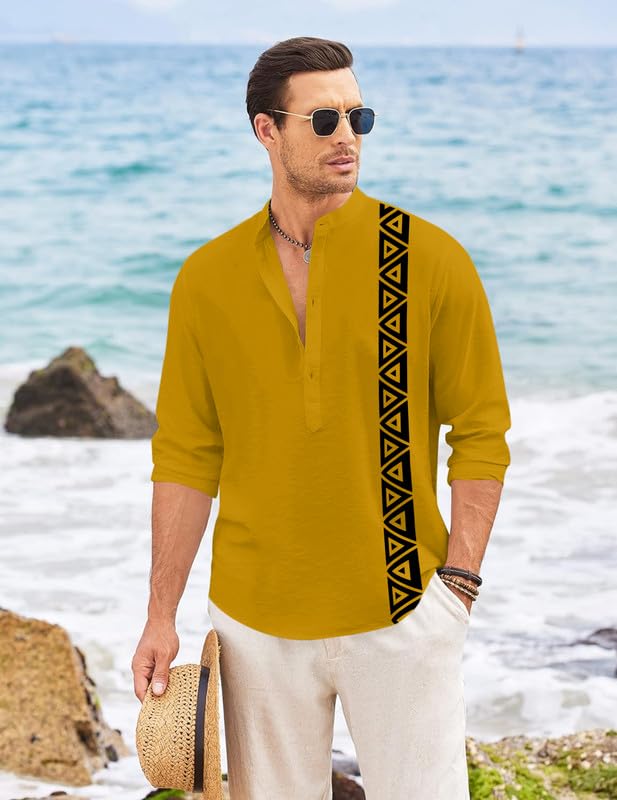 Finivo Fashion MenS Short Kurta With Printed Geometric Side Panel | Cotton Blend Full Sleeve Ethnic Topwear With Mandarin Collar