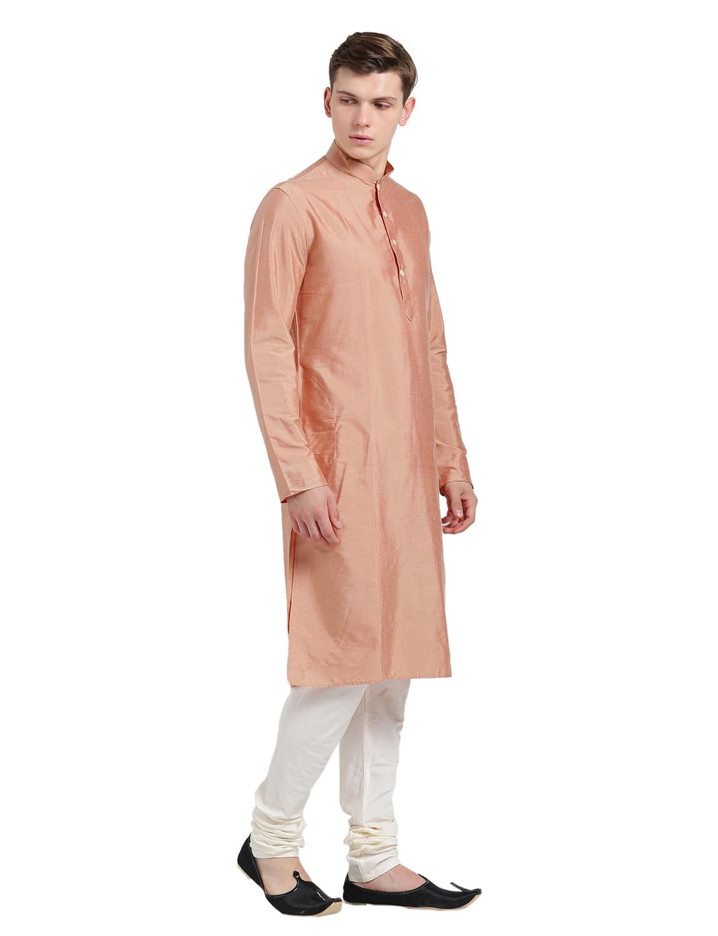 Kisah Men Peach-Coloured Solid Banarasi Straight Kurta Full Sleaves, Knee Length, Straight, Regular Fit, Mandarin Collar Ethnic
