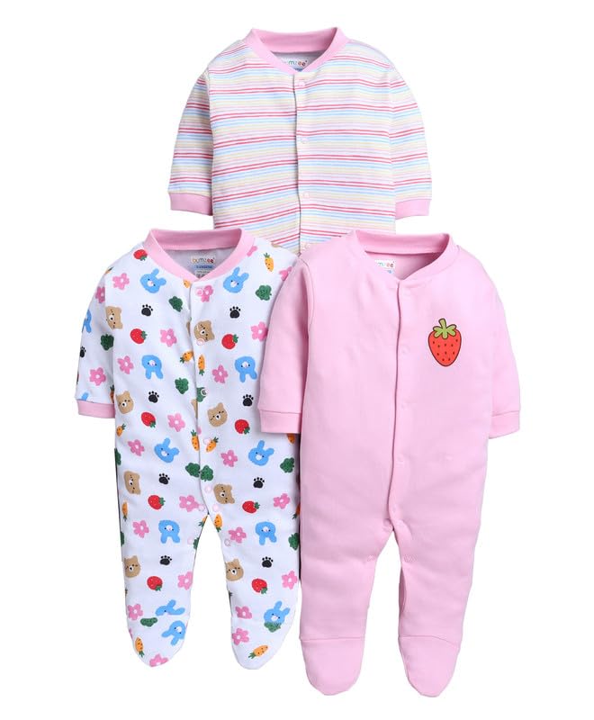 BUMZEE Baby Girls Cotton Full Sleeves Pack of 3 Sleepsuit Baby Pink & White - New Born (Peb11015A-bpk)