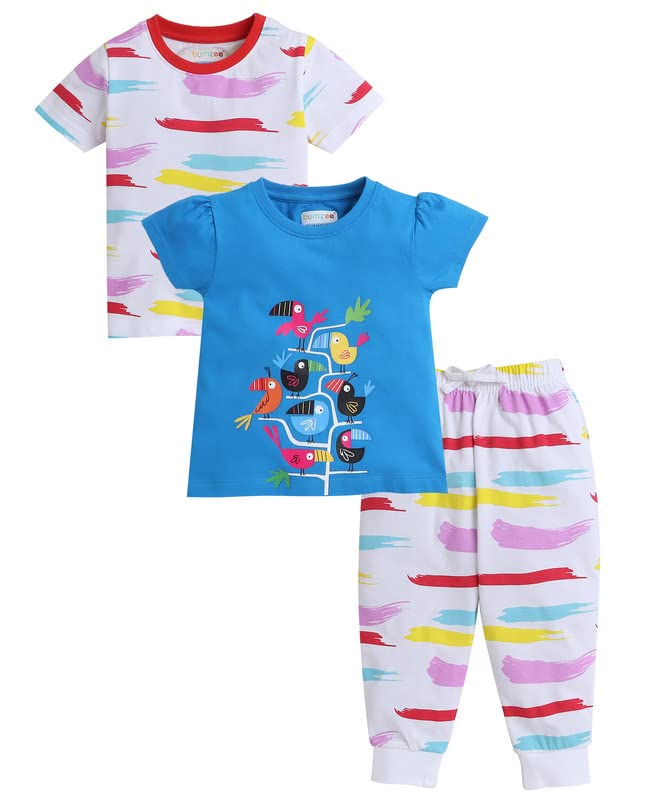 BUMZEE White & Blue Girls Half Sleeves T-Shirt Pyjama Combo Set Pack of 3 Age - 12-18 Months (Peb8204D-wht.blu)