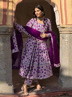 Pinkmint Womens Ethnic Muslin Anarkali Long Sleeve Kurta Set Pant with Dupatta l Traditional Suit for Fetive, Wedding Weat Purp