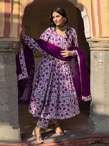 Pinkmint Womens Ethnic Muslin Anarkali Long Sleeve Kurta Set Pant with Dupatta l Traditional Suit for Fetive, Wedding Weat Purp