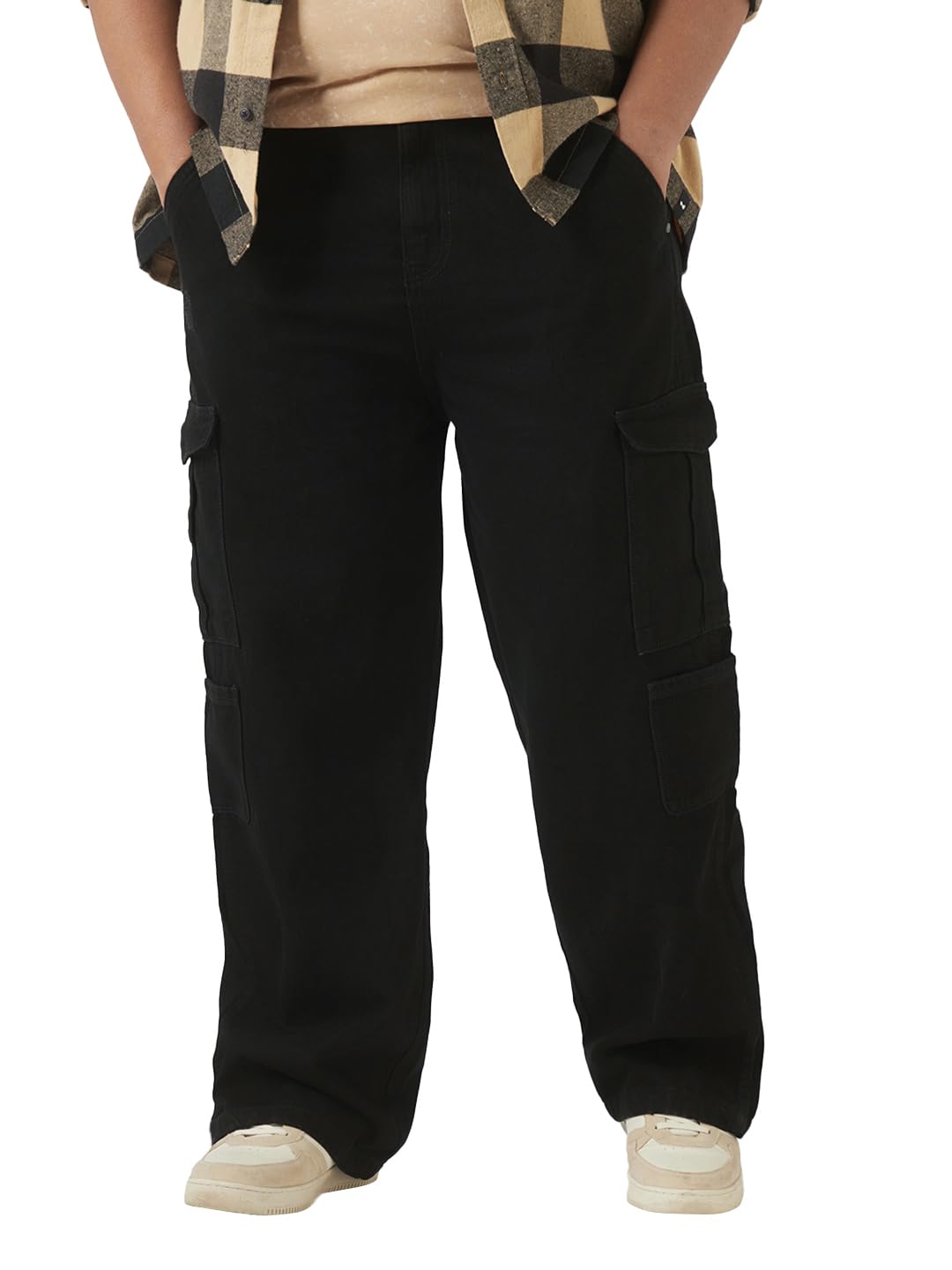 Bewakoof Mens Solid Straight Fit Cotton Plus Size Cargo Jeans_644729_Black_42