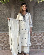 ANNI DESIGNER Womens Rayon Blend Straight Embroidered Kurta with Pant & Dupatta (DEVANAGRI White_M_White_Medium)