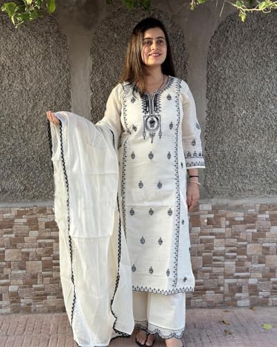 ANNI DESIGNER Womens Rayon Blend Straight Embroidered Kurta with Pant & Dupatta (DEVANAGRI White_S_White_Small)