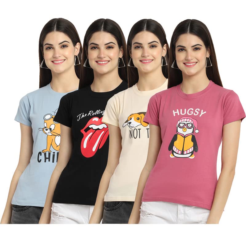 Preneum Womens Cotton Regular Fit Latest Graphic Stylish Printed Short Sleeves Casual T-Shirt || Latest Trendy & Style (Pack 4)