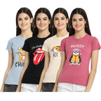 Preneum Womens Cotton Regular Fit Latest Graphic Stylish Printed Short Sleeves Casual T-Shirt || Latest Trendy & Style (Pack 4)