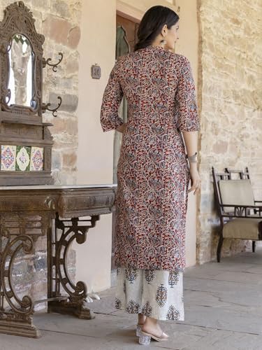 ANNI DESIGNER Womens Cotton Blend Printed Straight Kurta Plazzo with Printed Dupatta (Aabina Maroon_M_Maroon_Medium)