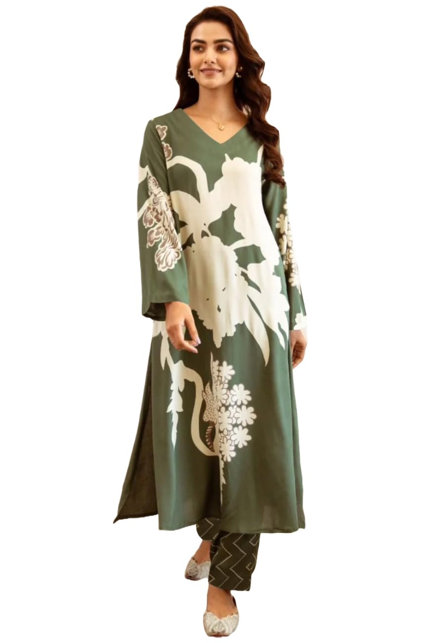 ANNI DESIGNER Womens Rayon Viscose Straight Printed Kurta with Palazzo (Cukari Green-VKS03_S_Green_Small)