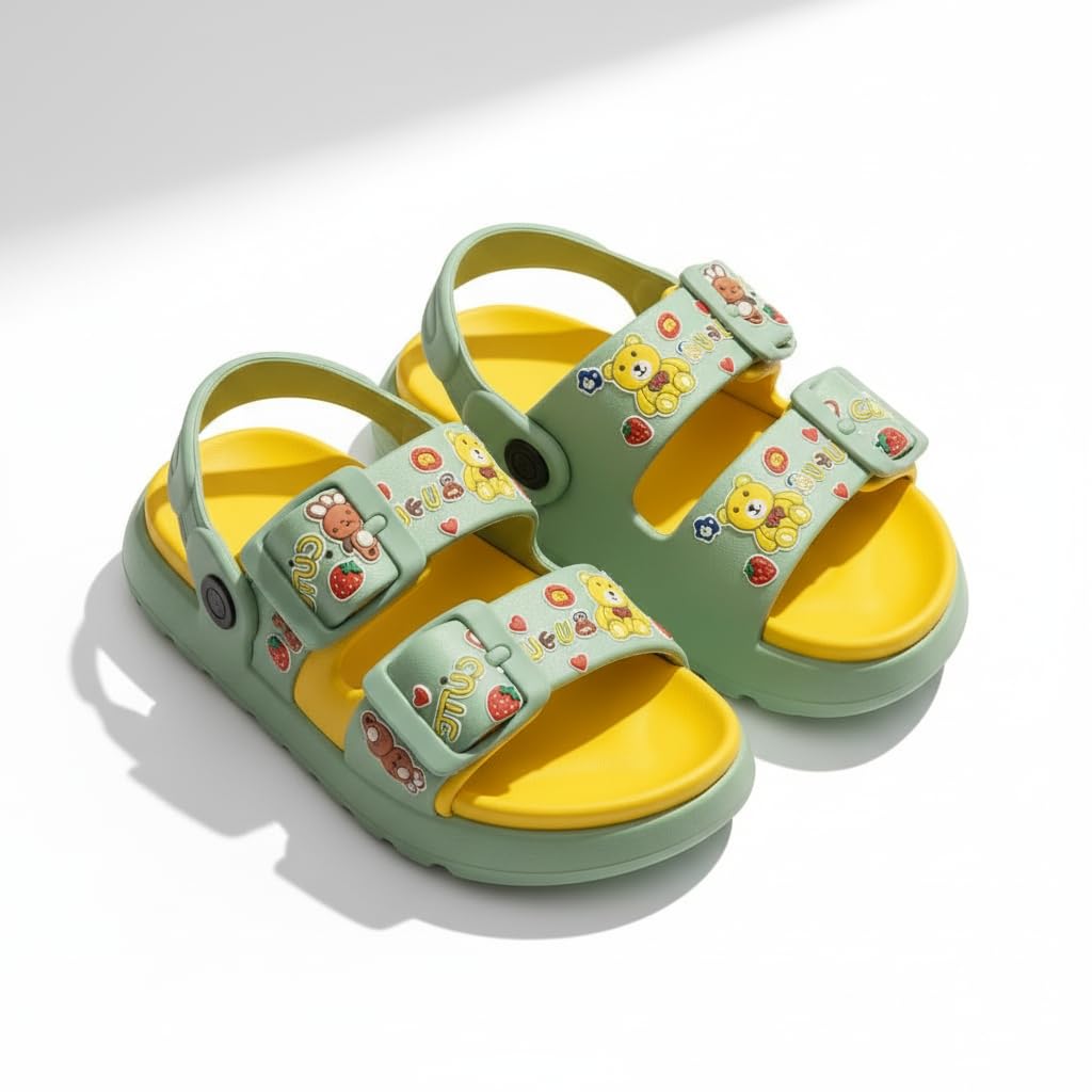 Kids Sandals With Cartoon Print, Green And Yellow, Adjustable Straps, Comfortable Footwear (Uk Footwear Size System, Infant, Age 18-24