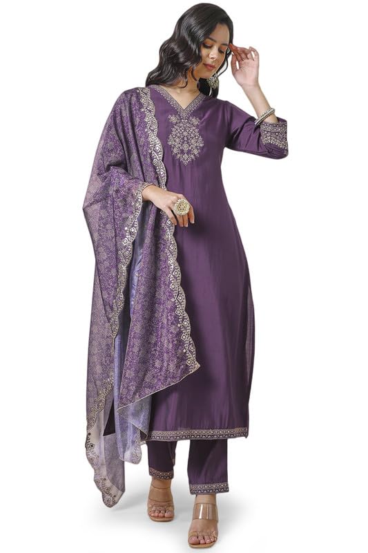 Soch Women Muslin Blend Embroidered Suit Set with Sequence Work