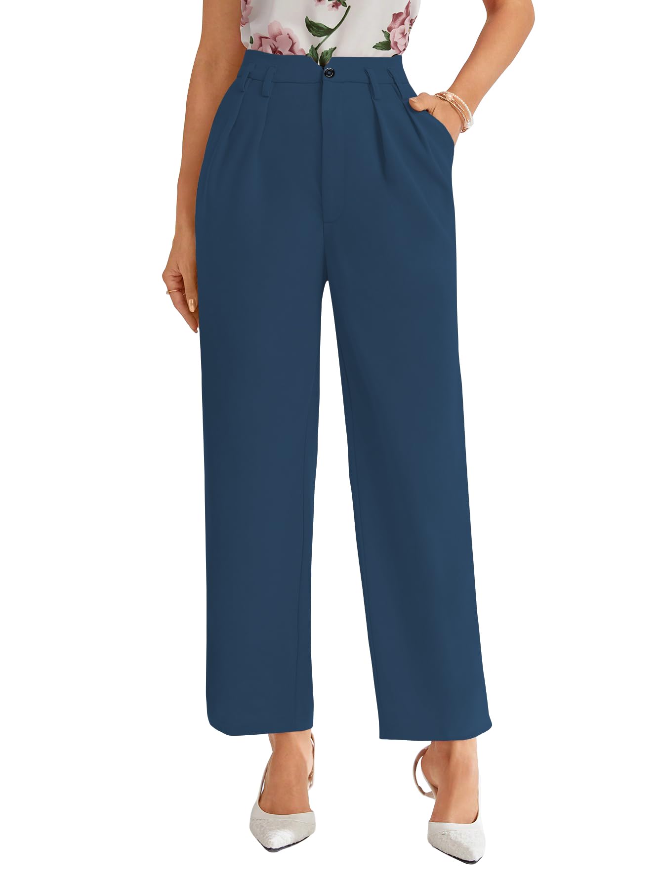 Shasmi Womens Morpeach High Waist Pleated Straight Leg Trousers  Elegant Solid Color Work Pants with Pockets, Casual Office Wear