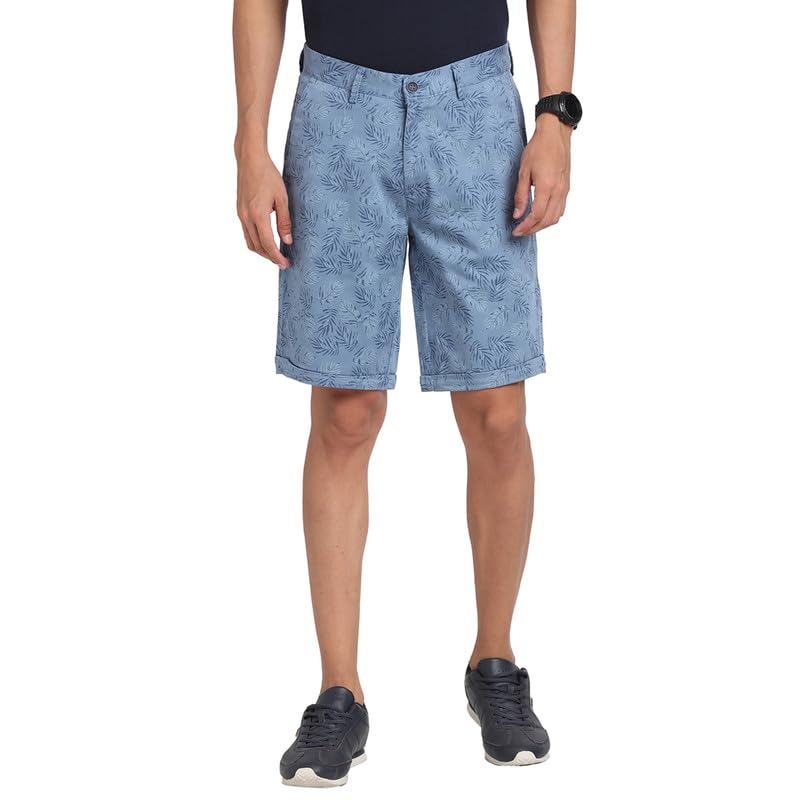 Turtle Men Cotton Stretch Sky Blue Print Slim FitCasual Shorts