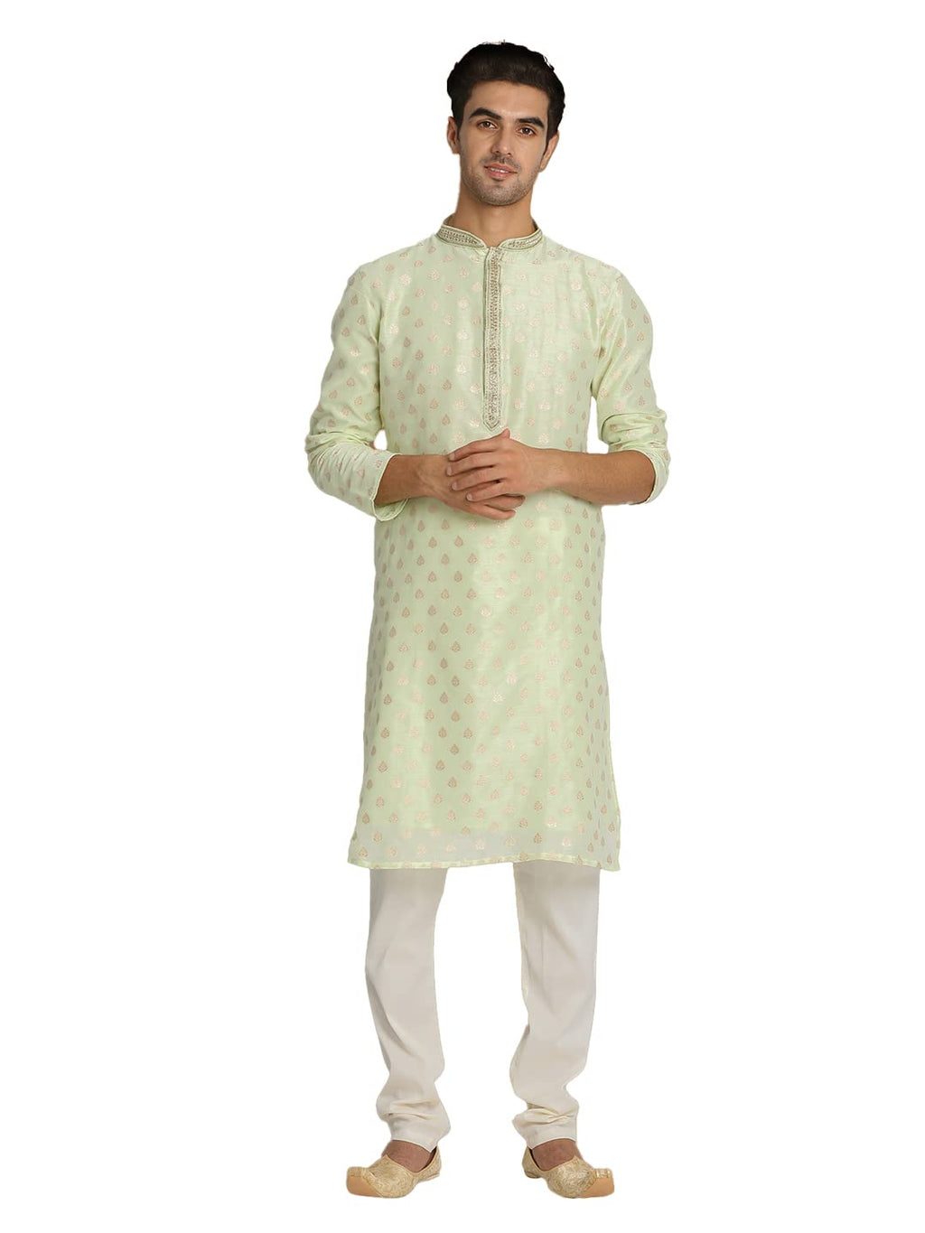 Manyavar MenS Kurta Set, Chanderi Silk Mandarin Collar Full Sleeve Kurte Set For Men Green (Medium)