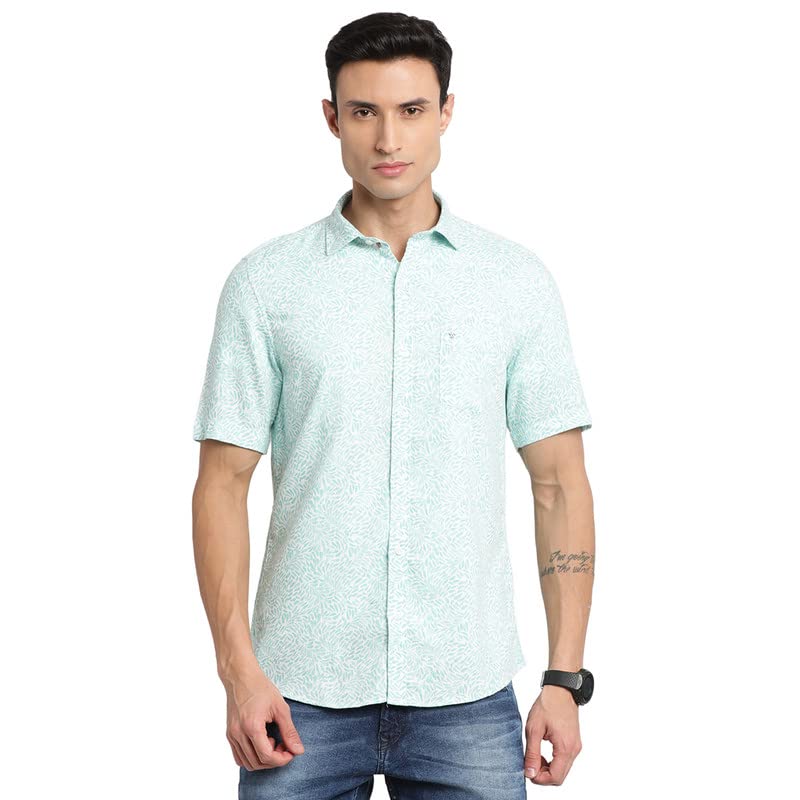 Turtle Men Sky Blue Excel Linen Printed Slim Fit Casual Shirts