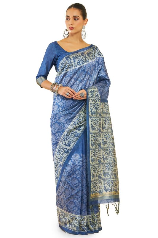 Soch Women Tussar Silk Saree with Tribal Print and Zari Woven Saree