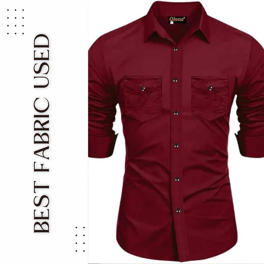 Rebelify MenS Cotton Blend Shirt With Pockets Full Sleeves Collared Neck Solid Pattern Botton Down Closure Relaxed Fit And Stan