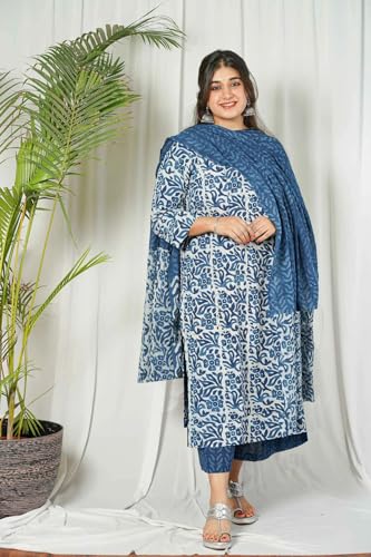 ANNI DESIGNER Womens Cotton Blend Straight Printed Kurta with Palazzo & Dupatta (Nazneen Blue_L_Blue_Large)