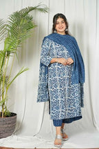 ANNI DESIGNER Womens Cotton Blend Straight Printed Kurta with Palazzo & Dupatta (Nazneen Blue_L_Blue_Large)