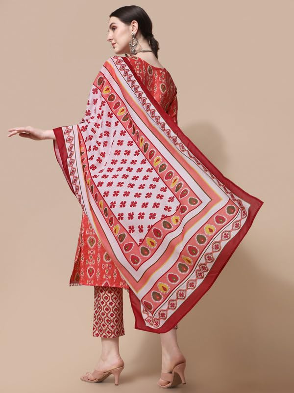 Nainvish Cotton Blend Kurti Pant & Dupatta | Orange Kurta Set For Women | Women Kurta Pant Dupatta Set | Kurta Pant With Dupatta Set | Printed Kurta Pant Dupatta Set