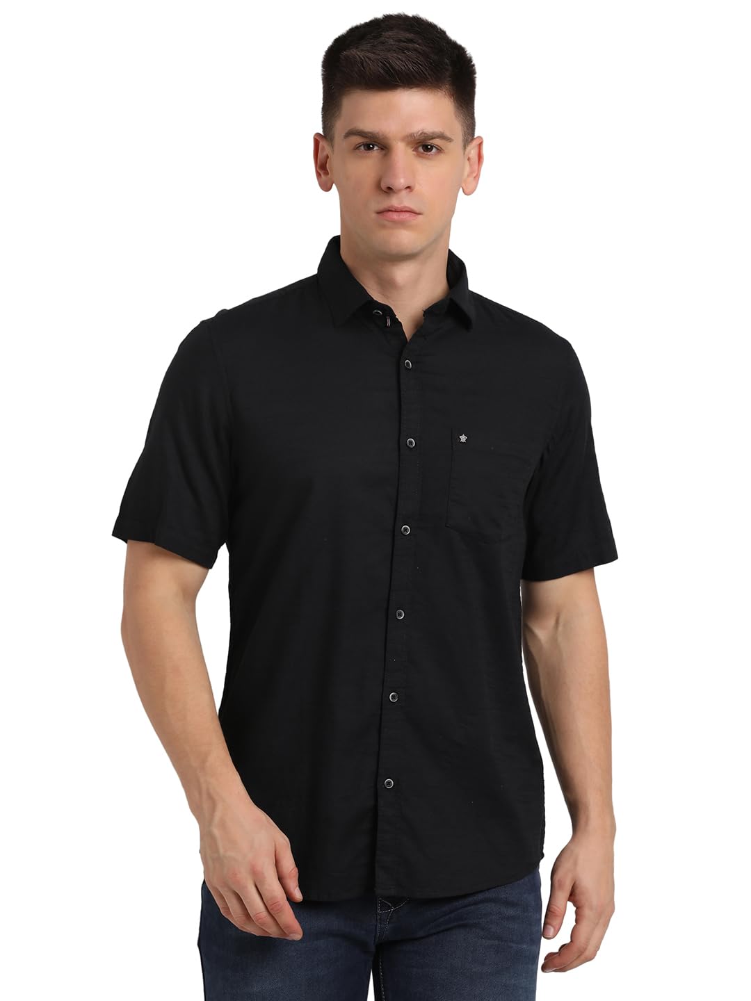 Turtle Men 100% Cotton Slim Fit Black Dobby Print Casual Shirt