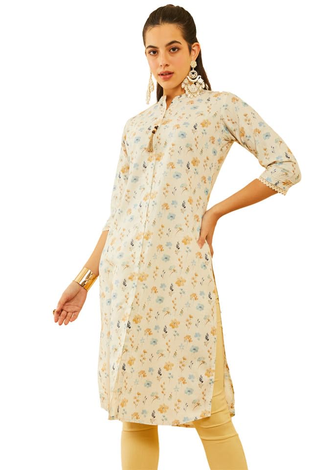 Soch Womens Off White Poly Cotton Floral Printed Kurta With Tassels
