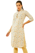 Soch Womens Off White Poly Cotton Floral Printed Kurta With Tassels