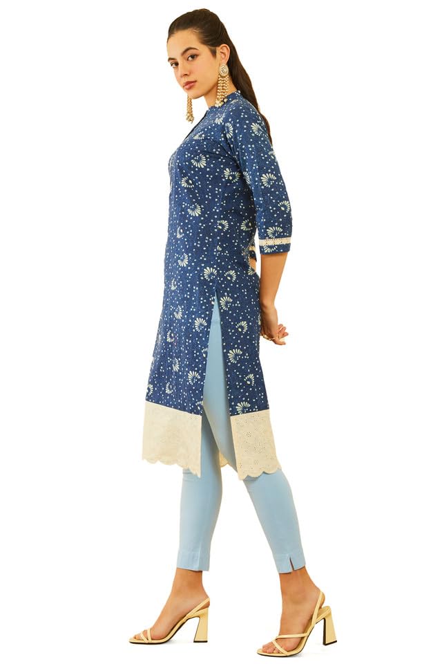 Soch Womens Indigo Cotton Floral Printed Straight Kurta