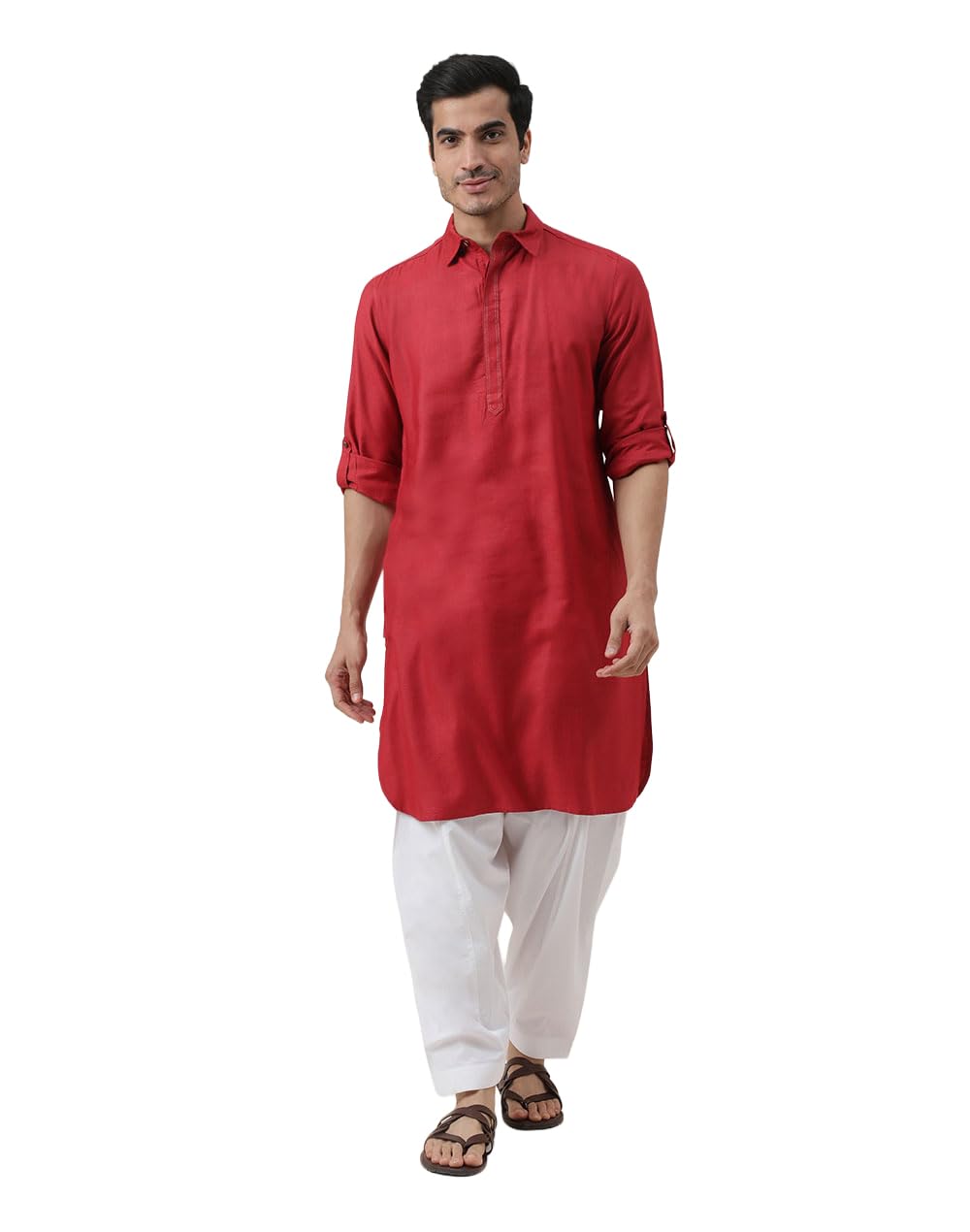 Fabindia Mens Viscose Silk Regular Pathani Kurta (102408301_Red