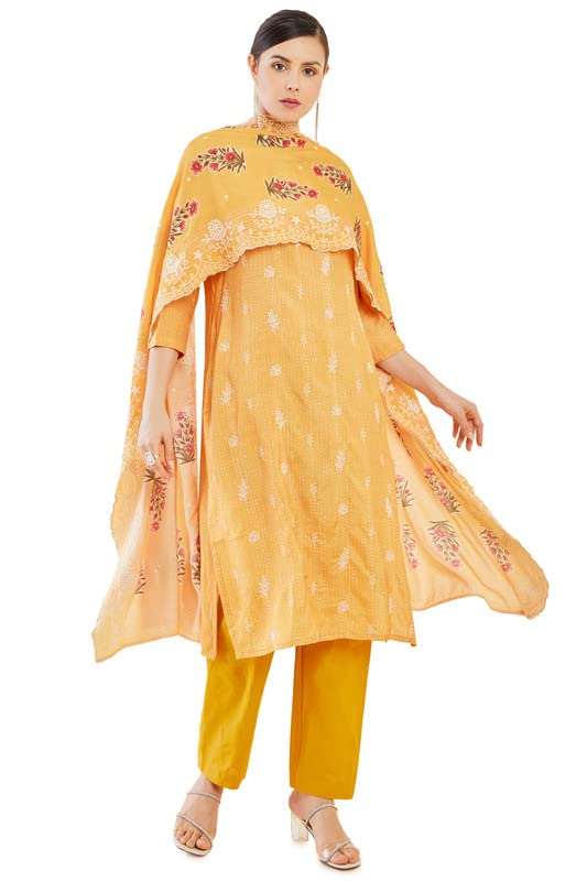 Soch Women Floral Printed and Embroidered Muslin Suit Set with Scallop Dupatta