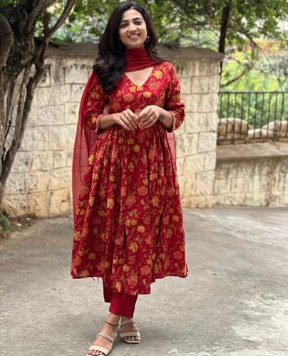 ANNI DESIGNER Womens Rayon Blend Anarkali Printed Kurta with Pant & Dupatta (RONI RED_XXL_Red_XX-Large)