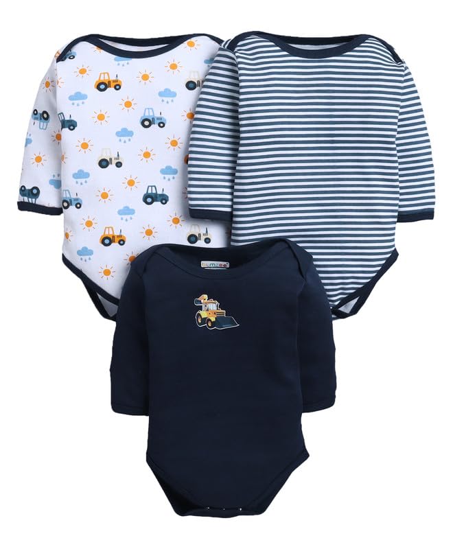 Bumzee Baby Boys Cotton Full Sleeves Bodysuit/Onesie/Leotard Navy & White - New Born (Peb11027A-Nbl)