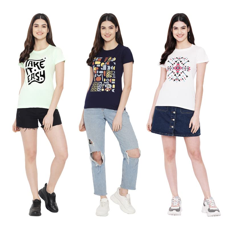 Preneum Womens Cotton Regular Fit Latest Graphic Stylish Printed Short Sleeves Casual T-Shirt || Latest Trendy & Styling (Pack