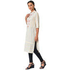 Aurelia Multi Striped Thread Embroidered Cotton Straight Long Kurta