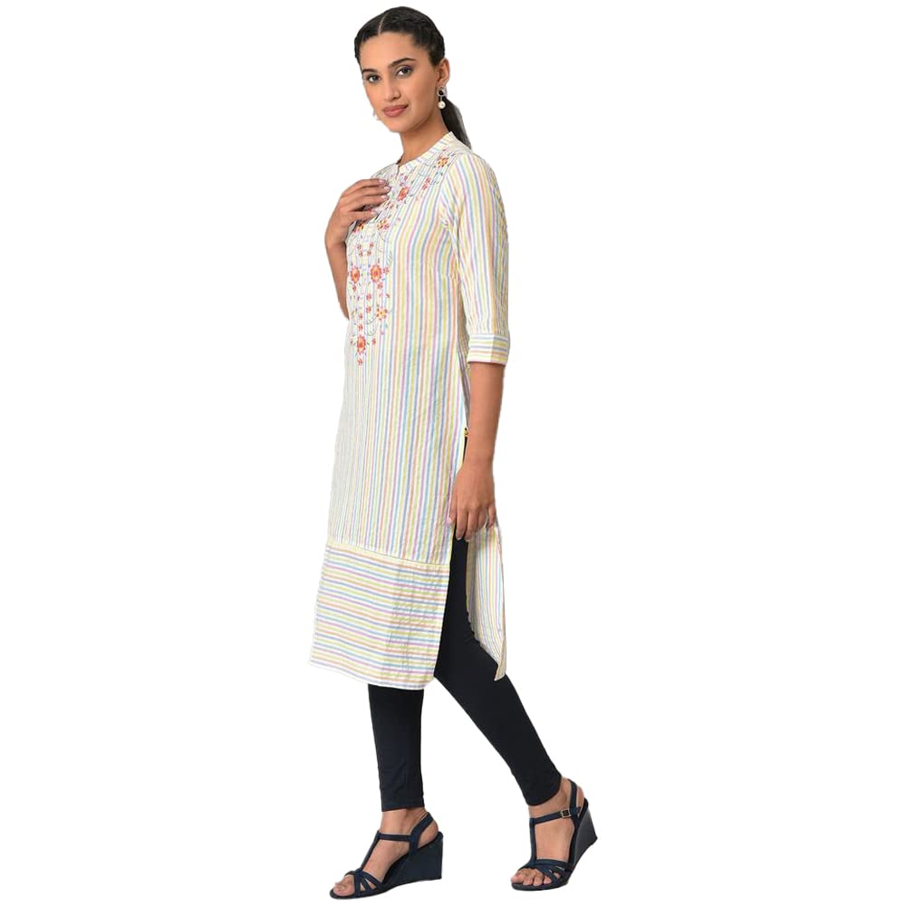 Aurelia Multi Striped Thread Embroidered Cotton Straight Long Kurta