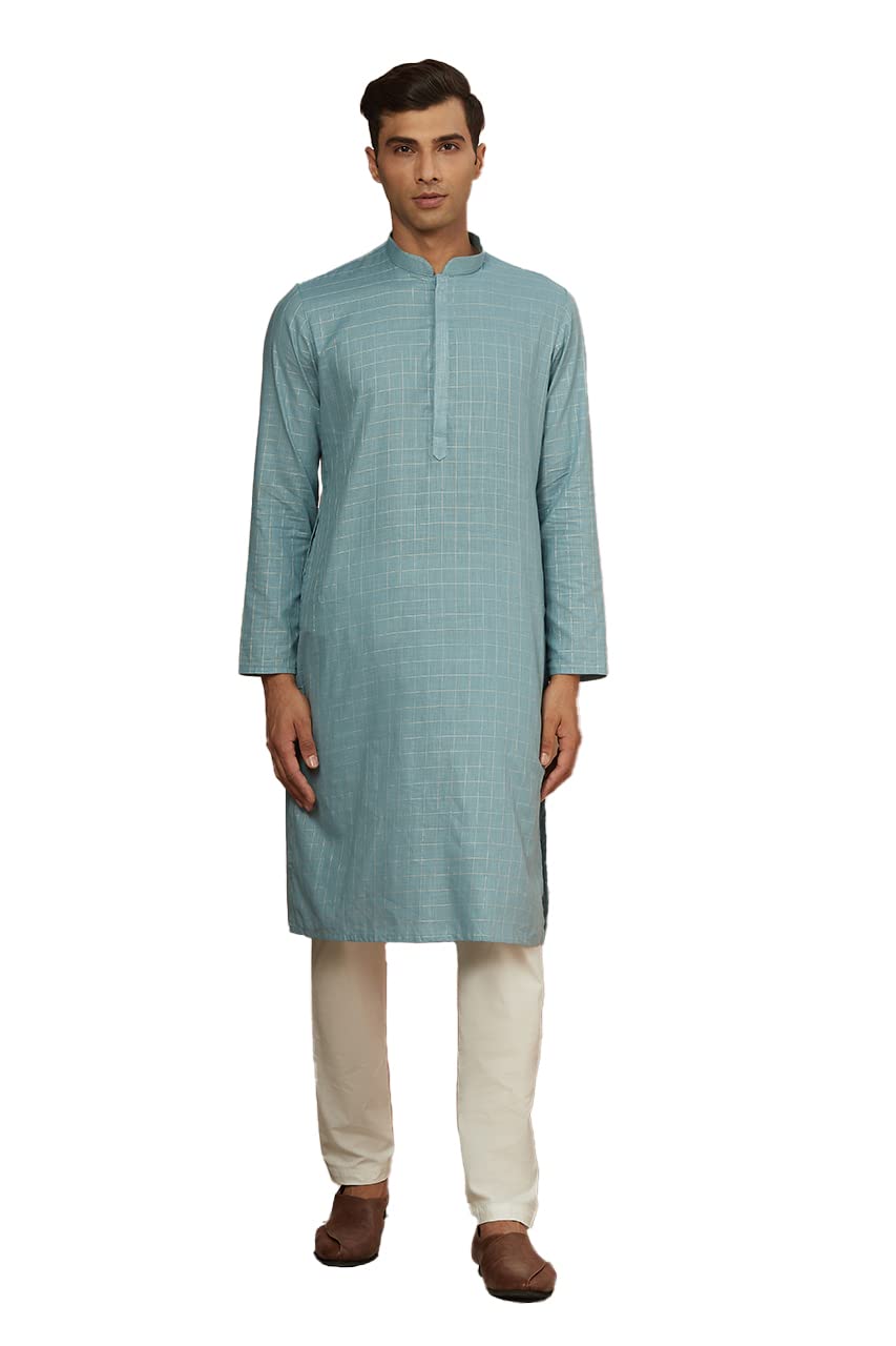 Manyavar Kurta Set, Cotton Full Sleeves Mandarin Collar Chequered Ethnic Wear for Men (Blue, XL)