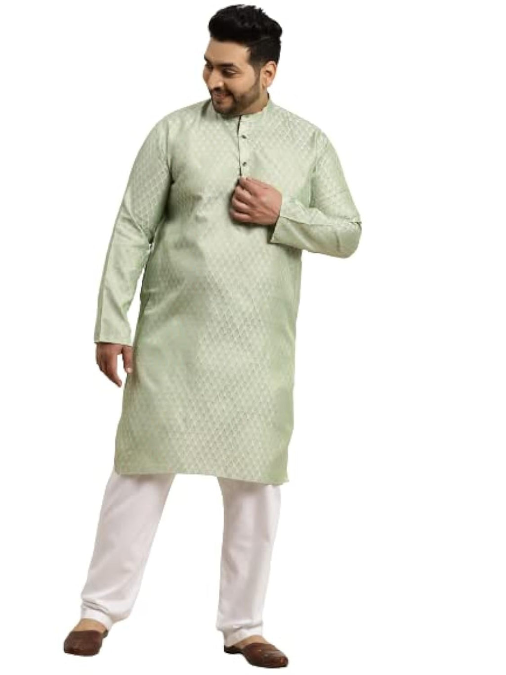 Sojanya Plus (Since 1958) MenS Jacquard Silk Pista Green Self Design Only Long Kurta -Size: 48