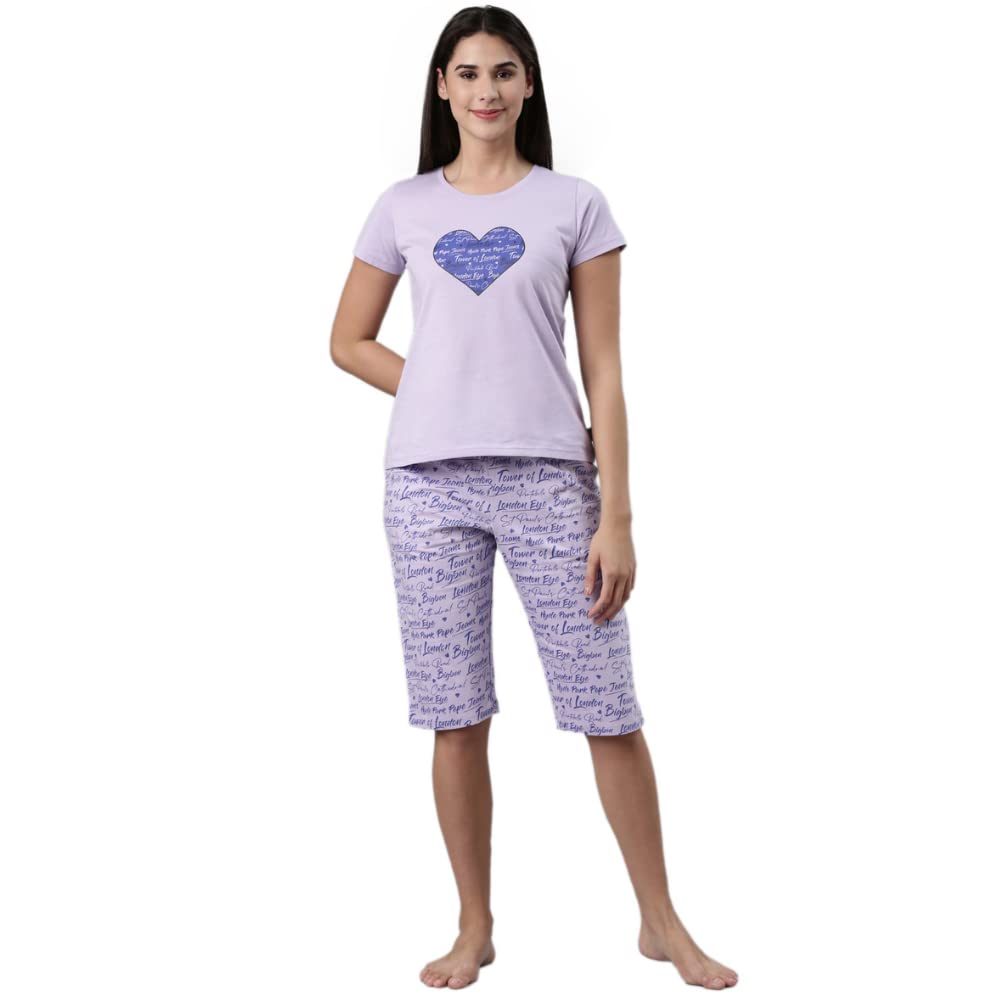 Pepe Jeans Cotton Knee Length T-Shirt And Pajama Sleepwear Set For Women Relaxed (Wstp04-02_Purple Heather_Small)