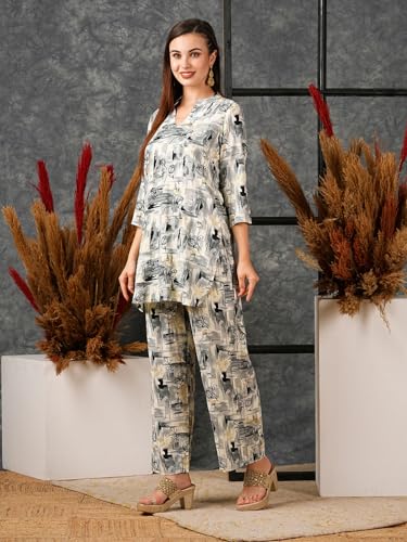 ANNI DESIGNER Womens Cotton Blend Printed Ethnic Co-ord Set (Tamar Grey-NW_M_Grey_Medium)