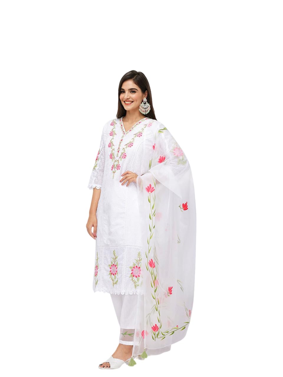 Ishin Thread Work Floral Design Schiffli Straight Kurta With Pants And Dupatta