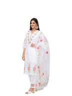 Ishin Thread Work Floral Design Schiffli Straight Kurta With Pants And Dupatta