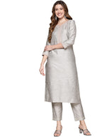 Anubhutee WomenS Cotton Grey Ethnic Motifs Zari Work Embroidered Straight Kurta Suit Set With Trousers