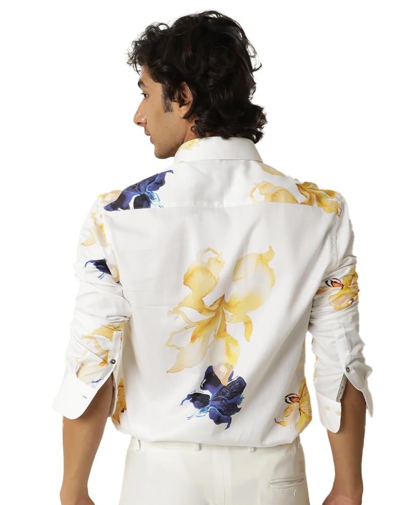 Eyebogler Men Slim Fit Floral Printed Casual Shirt White