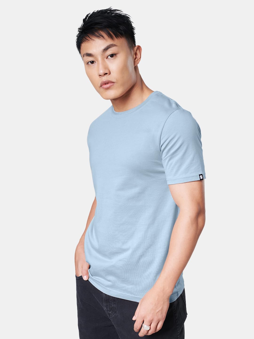 The Souled Store Solids: 100% Cotton Powder Blue Men & Boys Short Sleeve Round Crew Neck Regular Fit T-Shirt